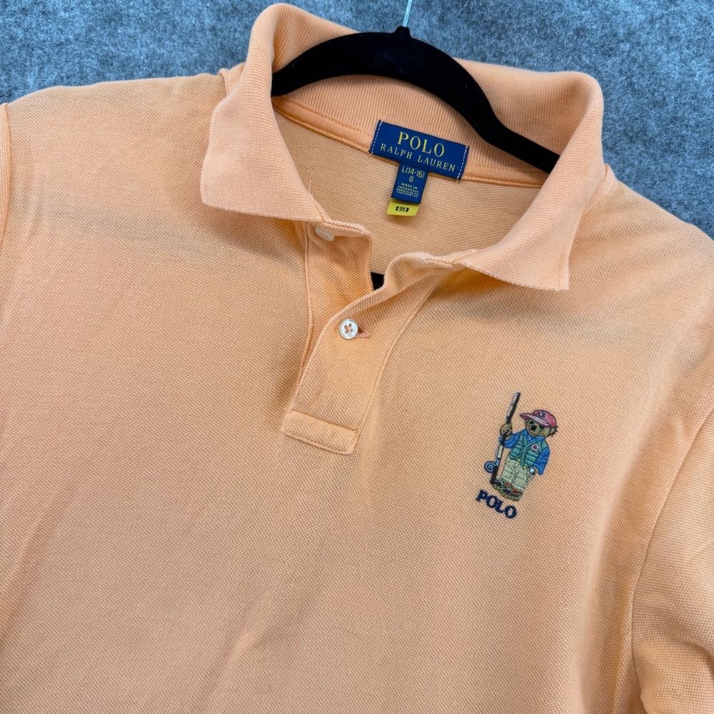 Polo Ralph Lauren Polo Shirt Boys L 14-16 Orange Polo Bear Fishing Embroidery